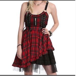 Hell Bunny Iva Dress Red Black Plaid Tartan Goth Punk Rock Corset Tulle Size XL